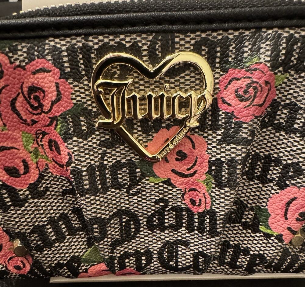 Juicy Couture Black Beige Blooms Zip Around Wallet NWOT